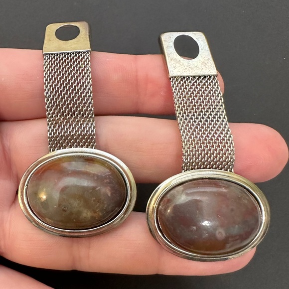 Vintage 1950s Handmade Agate Cuff Links Set Pair Silver Mesh Brown Stone Classic - Picture 2 of 8